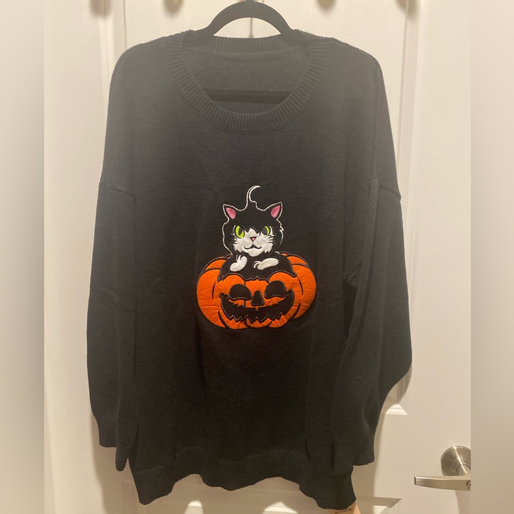 BloomChic Women Plus Black Sweater Halloween Cat Pumpkin Design Size 22-24 - NWT